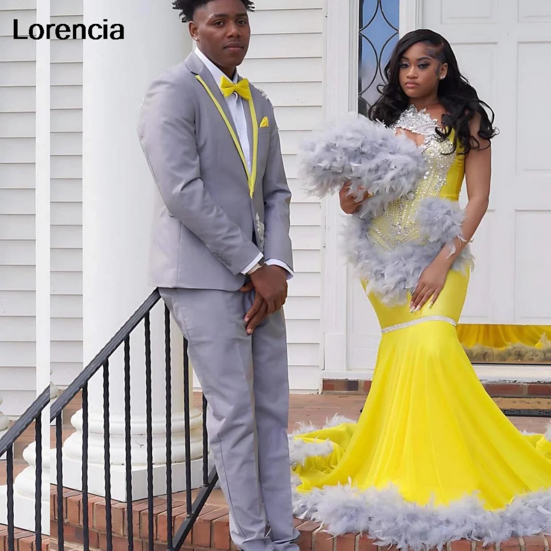 Customized Yellow Prom Dress For Black Girls Sequin Rhinestone Feather Mermaid Evening Party Gowns Vestidos De Gala YPD93