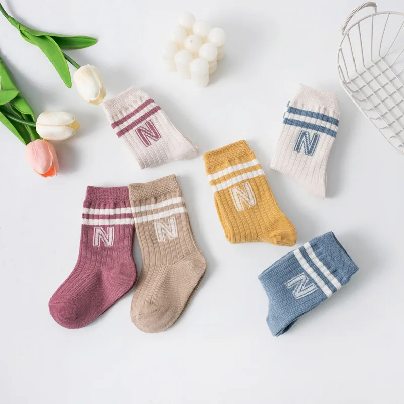 3Pairs Children Knit Soft Cotton Letter Socks Kids Long Knee High Socks Infant Toddler Baby Boys Girls Cute Stripe Socks