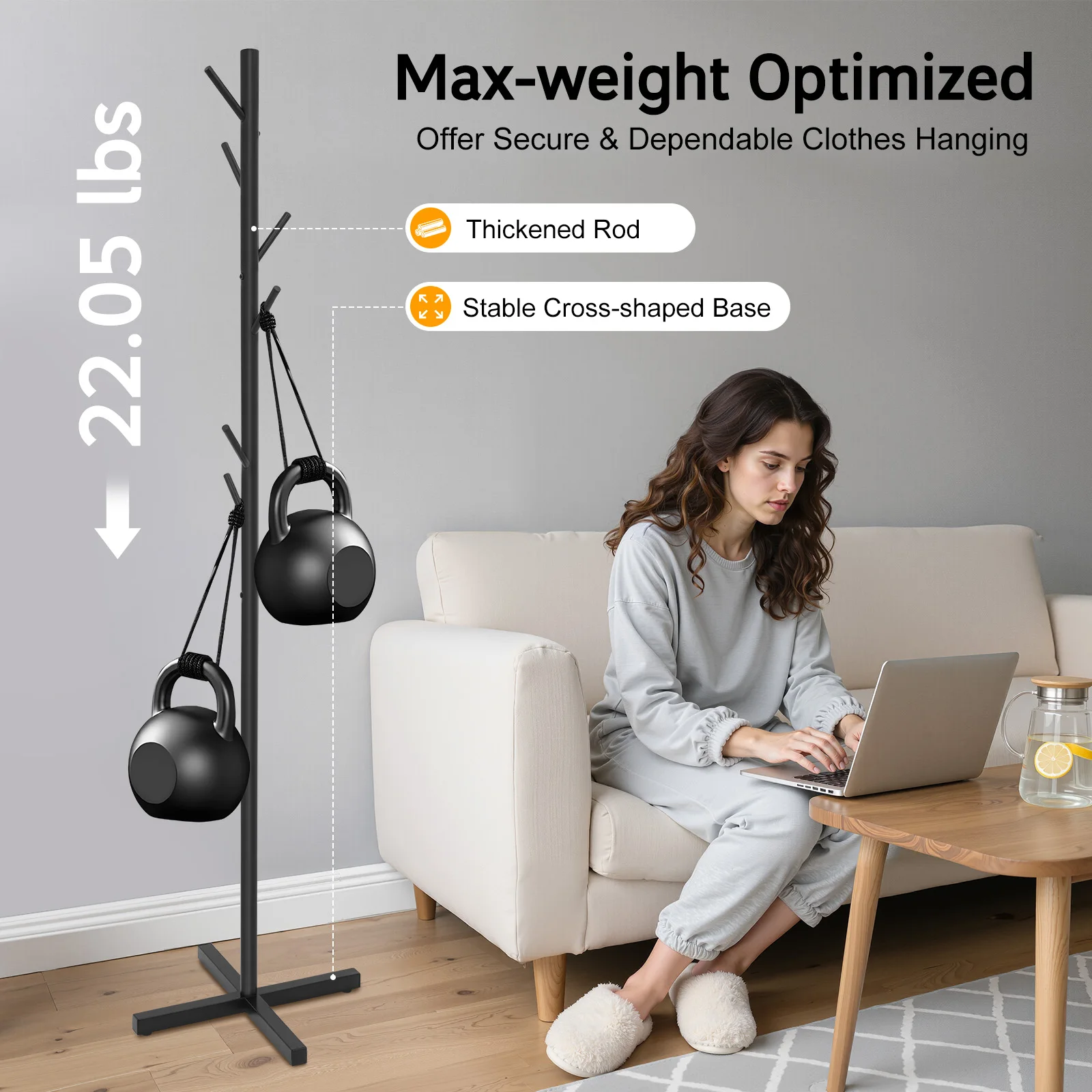 Cabide de galhos de árvores, suporte de casaco preto espesso, base em forma de cruz, tamanho compacto, grande capacidade de 2205 libras, com 7 ganchos