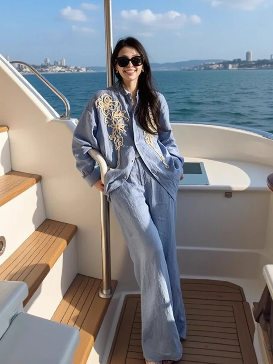 الرجعية الأزرق الأبيض القطن الكتان المطرزة عارضة Faion المرأة الصيف irt الكورية Sle فضفاضة تناسب طويلة Sve زر حتى