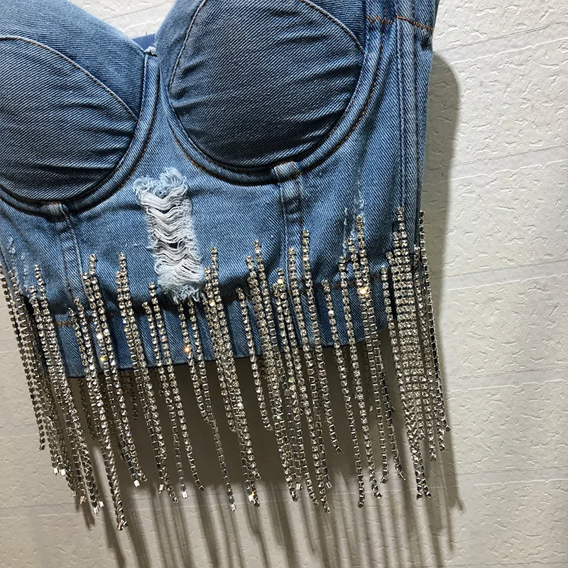 Moda z diamencikami i frędzlem biustonosz bez ramiączek kamizelka dżinsowa koszula kobiety Sexy klub nocny taniec kowboj Camisole Jeans krótki Top Ropa Mujer — zdjęcie 4