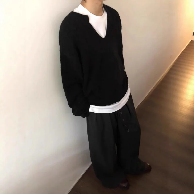 سلع عالية 「Wool Blend」 سترة صوفية ذات ياقة V للرجال، للخريف والشتاء، نمط كسول، ملابس تريكو ملونة