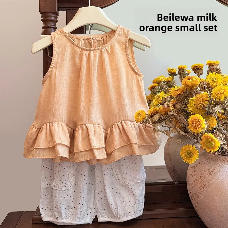 2026 Summer Girls 2Pcs Outfit, Korean Style Sleeveless Tank Top  Polka Dot Pants Trendy Fashion Set for Baby Girls