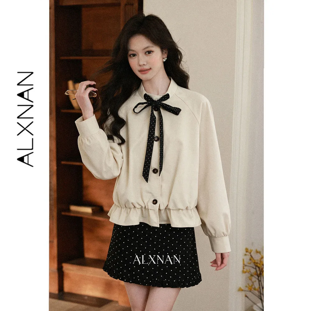 ALXNAN Light Khaki Short Jacket Women 2026 Autumn New Ruffled French Versatile Coats Fashion Elegant Female Outwears L679265A
