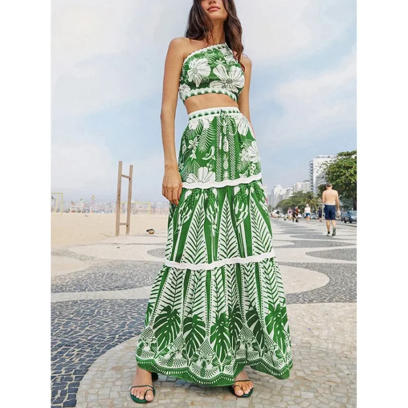 2024 جديد ريترو مجموعة البكيني مثير واحد oulder لباس سباحة مع الشيفون تنورة الشاطئ Spor اليوغا Fitn المشجعين لوازم