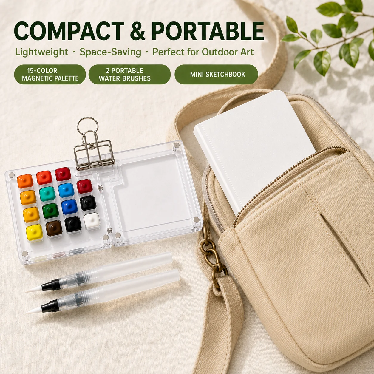 6-Piece Watercolor Paint Set, Including Watercolor Paints, 15-Well Palette, 2 Water Brush and Clips, Ideal for Outdoor Sketching