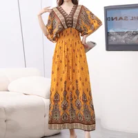Women Bohemian Ethnic Printed Holiday Dress V-Neck Elastic Waist Casual Batswing Sleeve Mid Dress Elegant Vintage Retro Dress