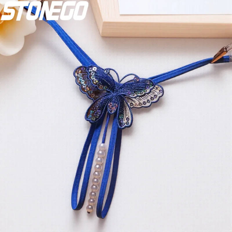 

New Style Women's Thong Underwear Crotchless Butterfly Design Pearl String Lingerie Sexy Costumes