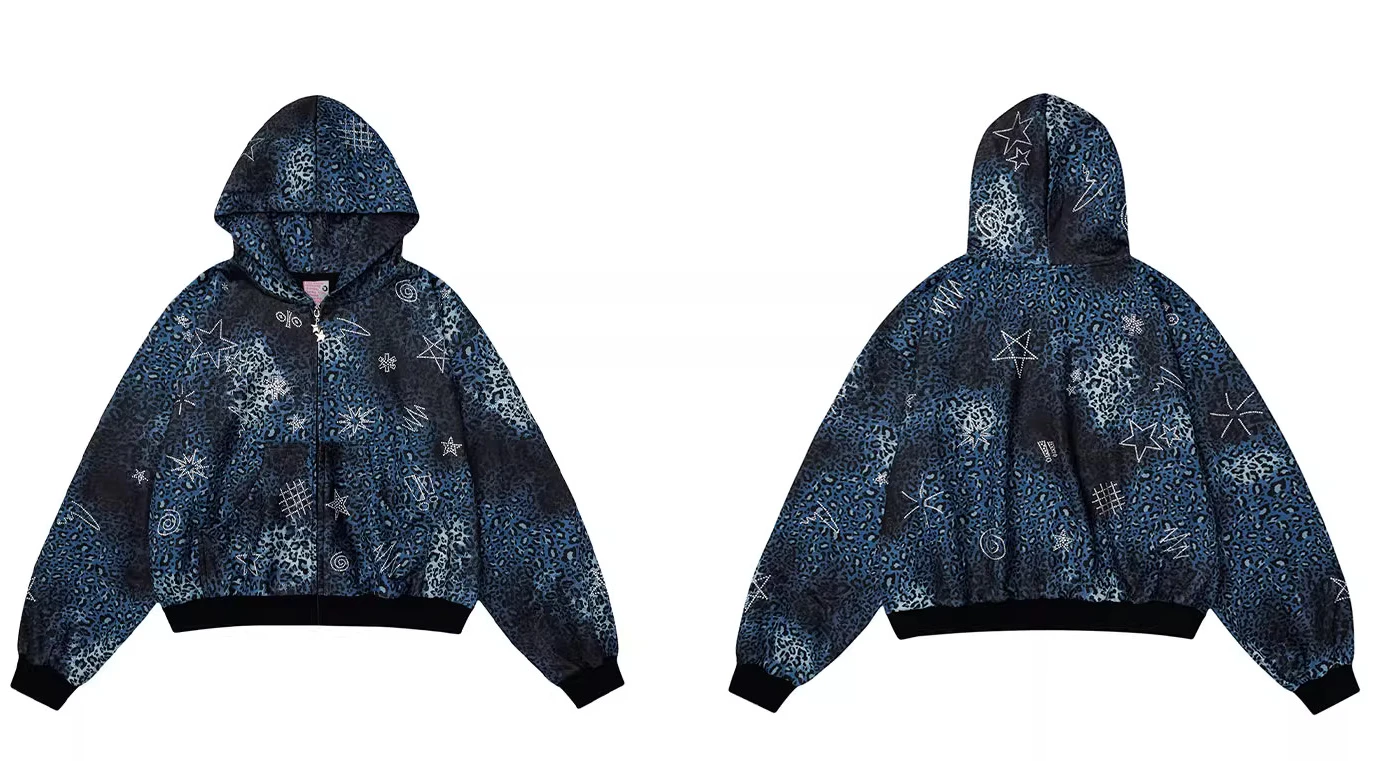 Men Women 2025 Autumn New Trendy Versatile Jackets Retro Star Rhinestone Leopard Print Stylish Hooded Zipper Sweatshirts Coats