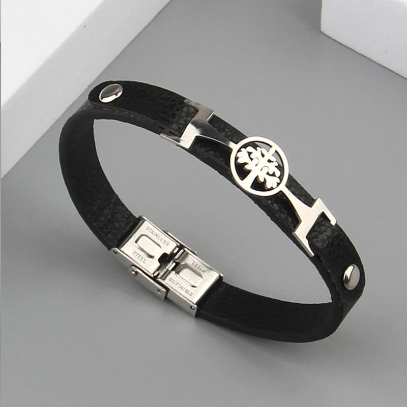 2024  Jewelry Titanium Steel Weave Cuff Bracelet Men Vintage Stainless Steel Musical symbol Leather Bracelet Pulseras