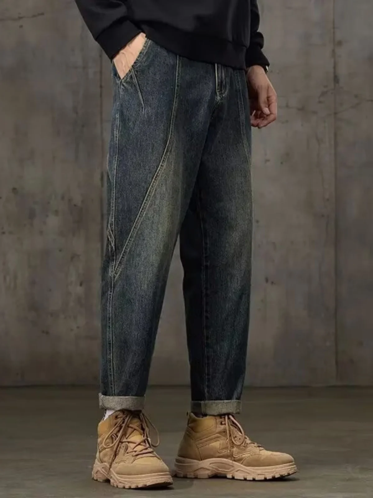 Retro Japanese Style Men's Jeans Loose Straight Leg Autumn Winter Trendy Workwear American Casual Match All Long Pants