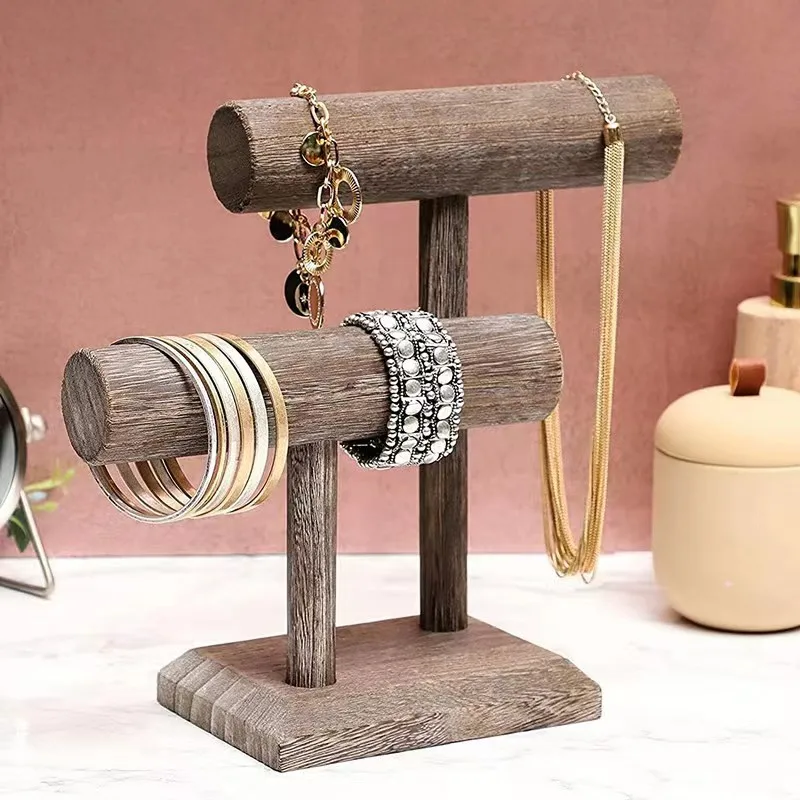 الصلبة الخشب القديم 1/2 طبقة سوار رف مجوهرات تخزين سوار عرض معلق سوار قلادة رف ساعة مجوهرات حامل الرف #2