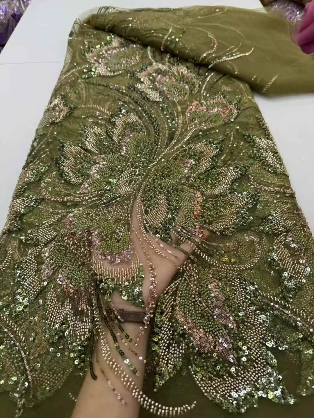 African Lace Fabric Sequins Lace Fabric With Bead Sequins For Bridal Dress Luxury Evening Wedding Dress French Lace 5 Yards