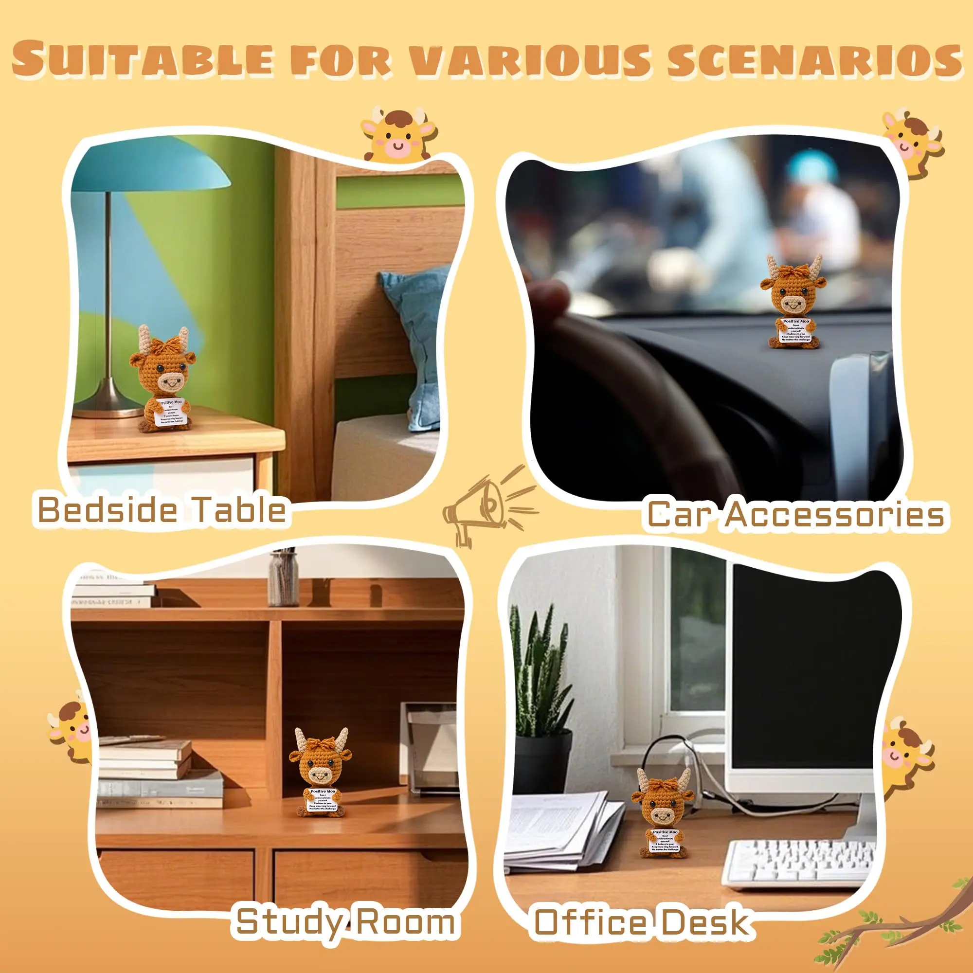 لعبة بقرة صوف محبوكة صغيرة مضحكة إيجابية على شكل بقرة المرتفعات مع بطاقة إيجابية دمية كروشيه لطيفة إبداعية دعم عاطفي يهتف