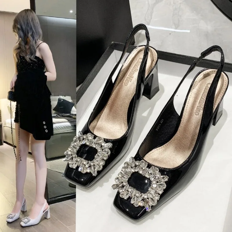 New Summer Women Rhinestone Sandals Mary Jane Shallow Mouth Comfort Shoe Heels Med Pointed Girls High Retro Medium Fashion Shoes