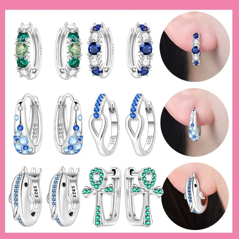 925 Sterling Silver Shiny Earrings for Women Gradient Blue Green Stone-set Cross Studs Earrings Wedding Anniversary Jewelry Gift