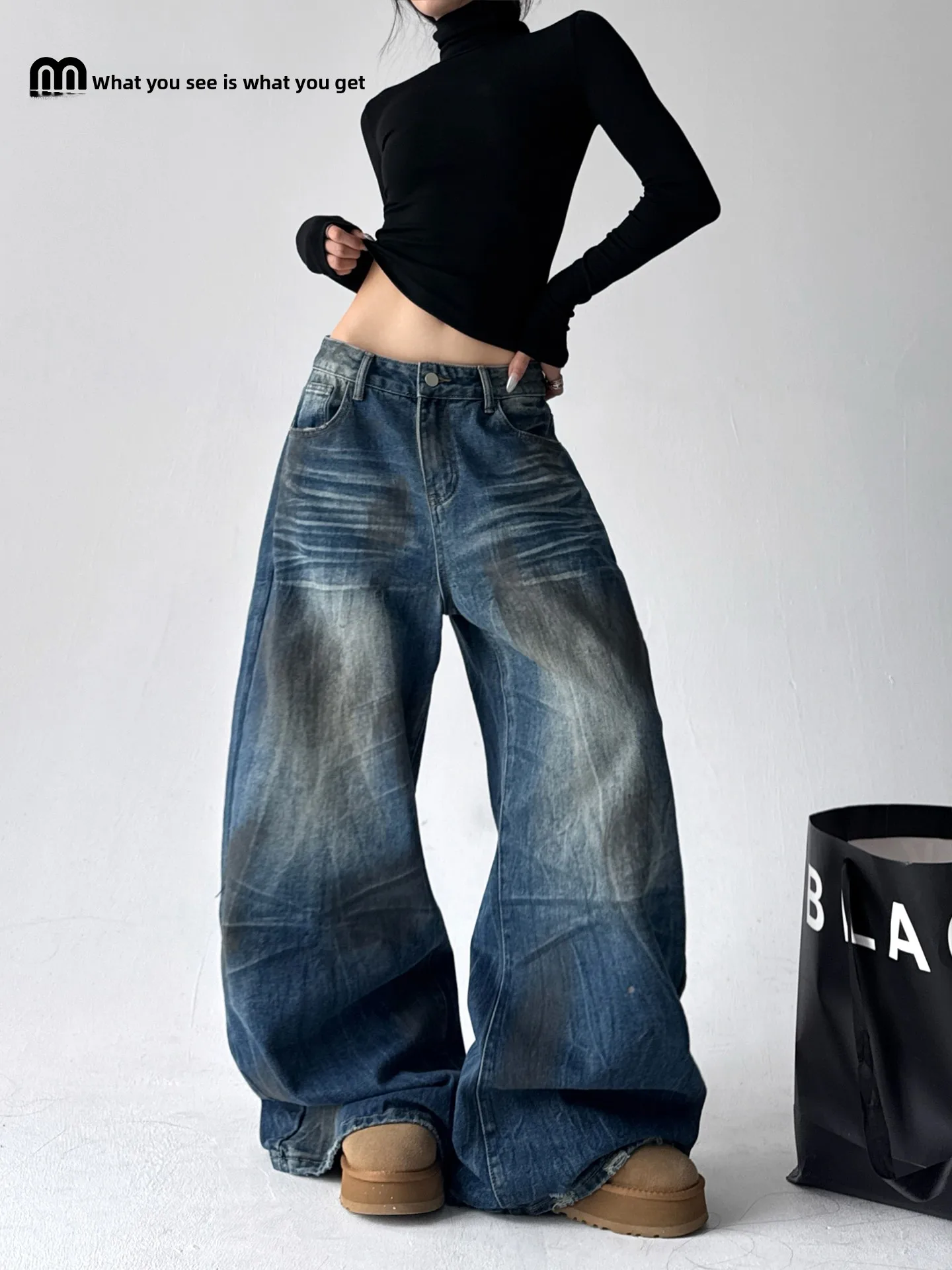 

Worn-In Washed Design Jeans Women's Loose Lazy Casual Pants Low Waist Cotton Elastic Fiber Micro Stretch Ladies Fashion