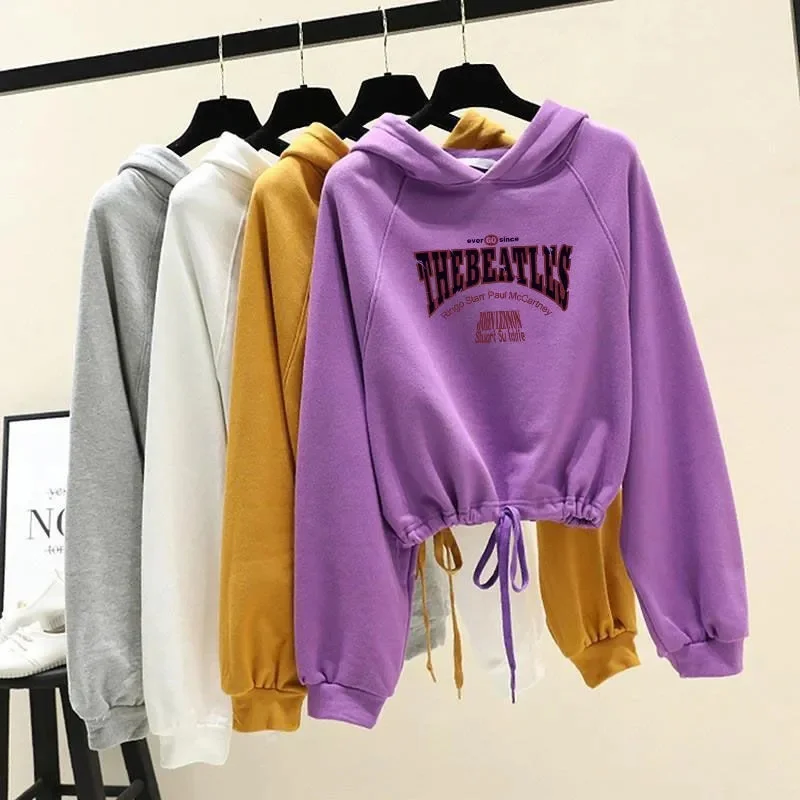 

2023 New Spring Summer Women Short Hoodies Sweatshirts Letter Print Coat Thin Pullovers Lady Top Lace-up Long-sleeve Base Shirt