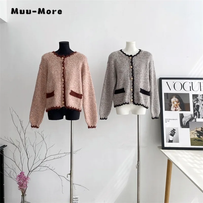 

French Vintage Patchwork Crewneck Color Contrast Single Breasted Loose Knitted Cardigan for Women 2023 Autumn Winter Top