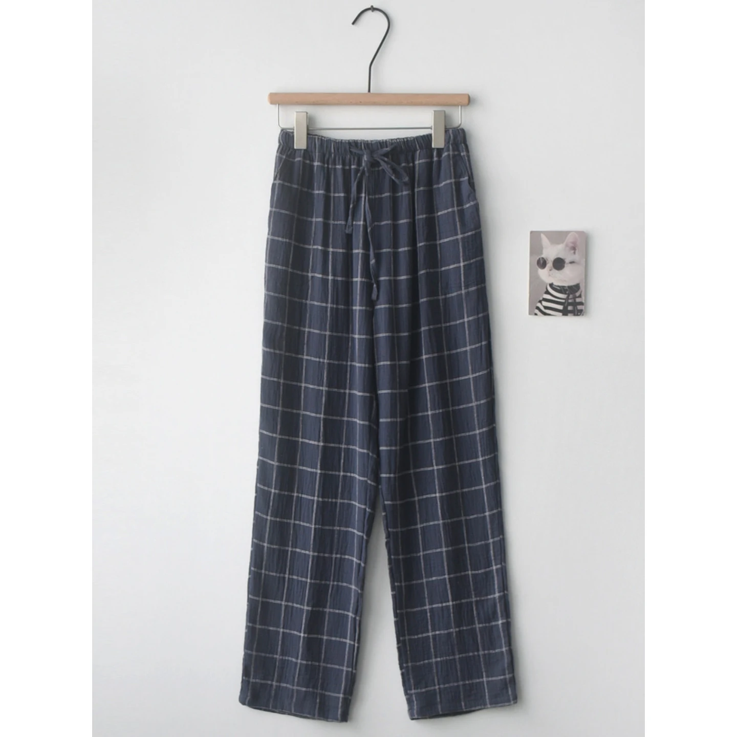 1pc Men's Cotton Double-Layer Gauze Plaid Pajama Pants Minimalist Loose Fit Lightweight Spring Fall Lounge Bottoms