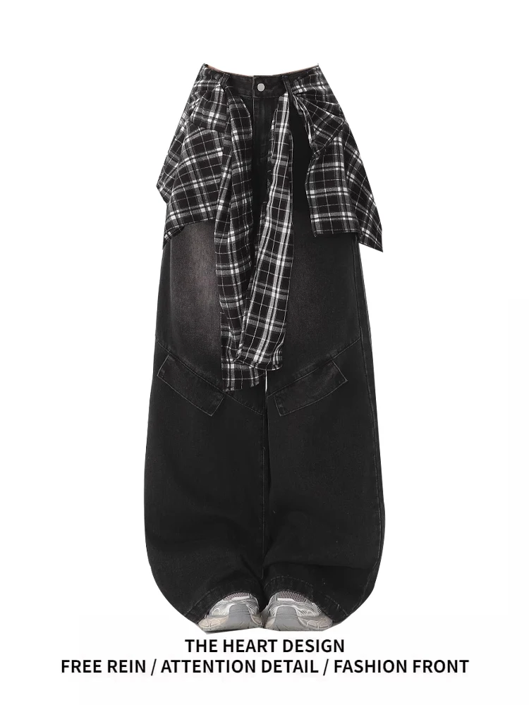 

American Retro Plaid Splicing Women's Jeans Loose Workwear Pants High Waist Wide Leg Casual Summer Denim Trousers