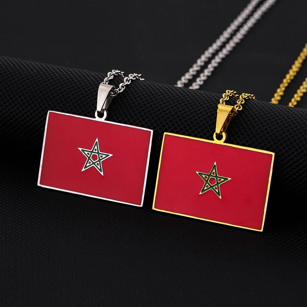 US EU Hot Sale Stainless Steel Square Enamel Morocco Flag Pendant Necklace Unisex Couple Birthday Jewelry Gift Trendy Accessory