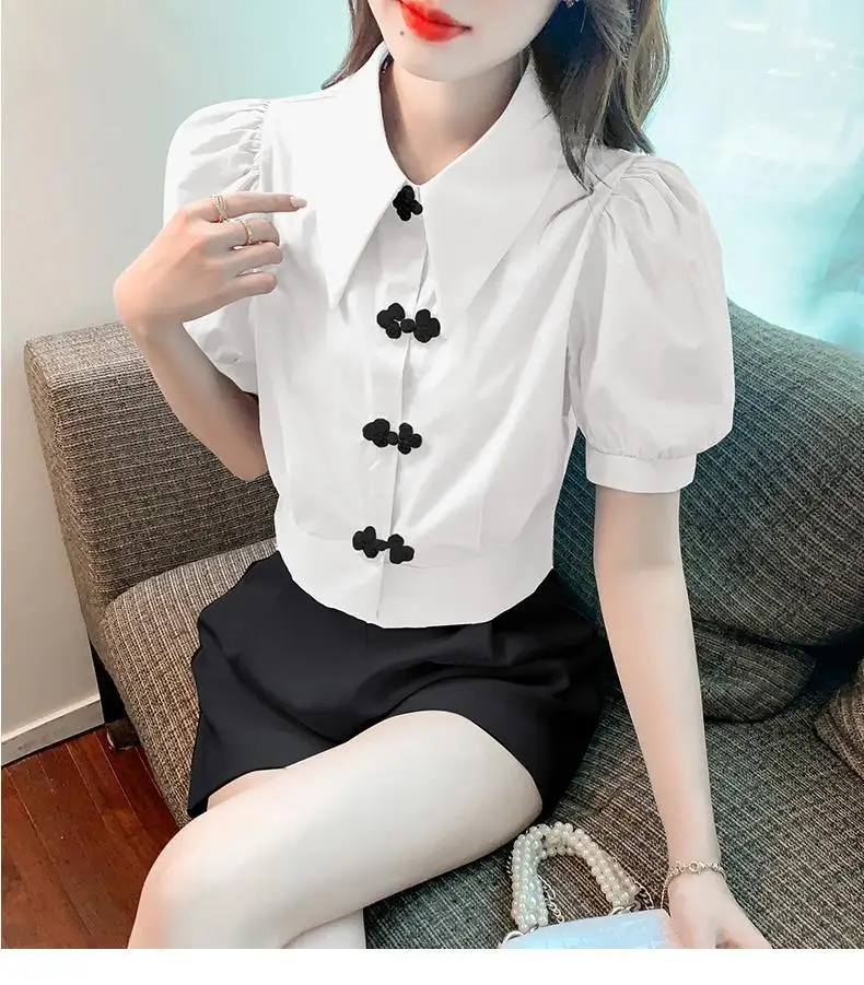 Small Fresh Bubble Sleeves Blue Shirt Women\'s 2024 Summer Unique Card Waist Small Shirt Short Fashionable Chiffon Top