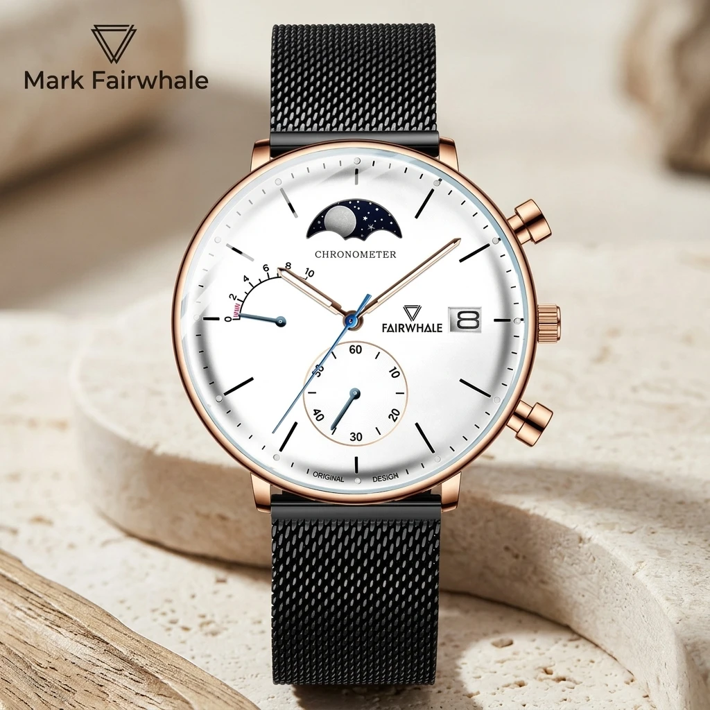 Stainless Mesh Band - Mark Fairwhale herenhorloge met maanfasechronograaf, meerdere