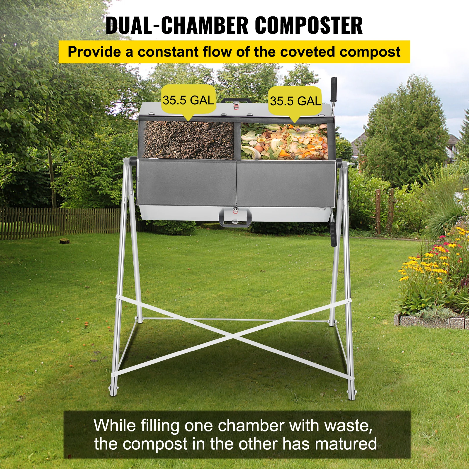 VEVOR tempat sampah kapasitas 33/71/106 galon, tempat sampah Stainless Steel ruang ganda Composter taman untuk halaman dapur
