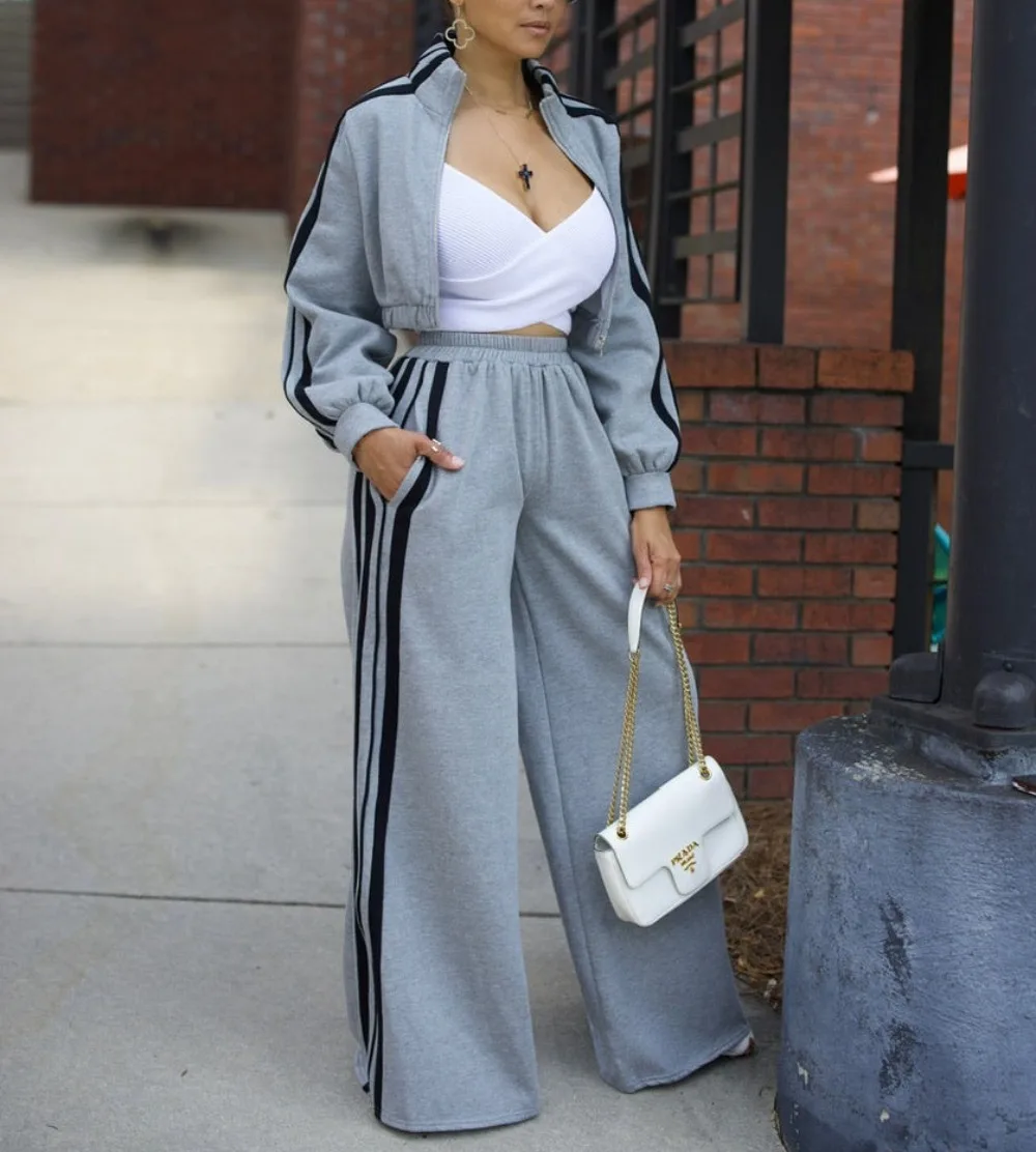 

Женский костюм с широкими брюками, комплект из 2 предметов, полосатая куртка длиной до пола, брючный спортивный костюм, однобортный, осень 2025, повседневный ансамбль