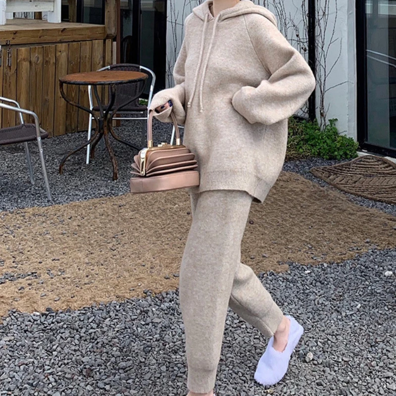 

Women Pants Set Casual Loose Knitted Sweater Hooded Drawstring Full Sleeve Top Slit Long Elastic Waist Pencil Two Pieces Suits