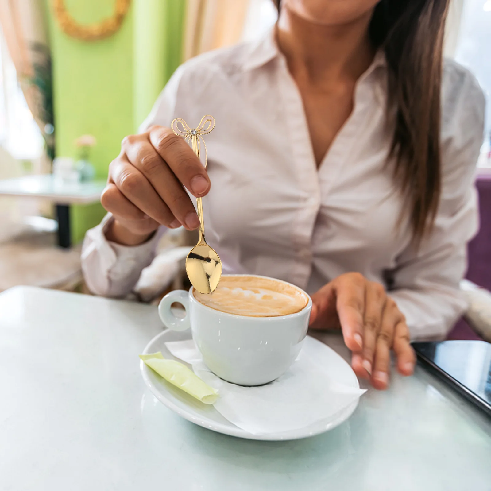 

1 set Fruit Spoon Set Household Dessert Cake Spoon Premium Zinc Alloy Kitchen Coffee Stirring Serving Tool With Holder