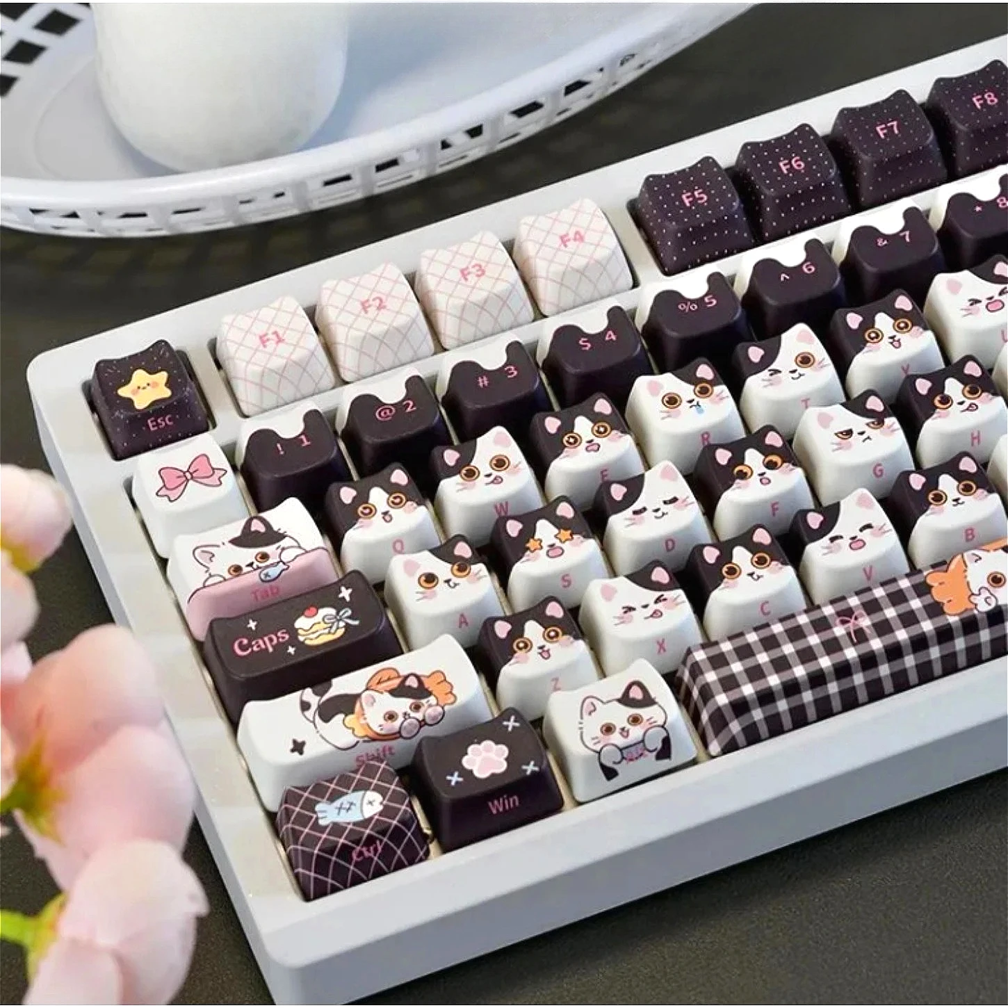 Cute Cow Cat MAO KEYCAP SET PBT 129 Key Kitten Keycap HI75 HI8 HI8 68 F99 104 64 Mechanical Keyboard