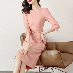 Women's Elegant Monochromatic Commuter Dress Slim Fit Belt French High End Design Korean Fashion Summer Luxury New 2024