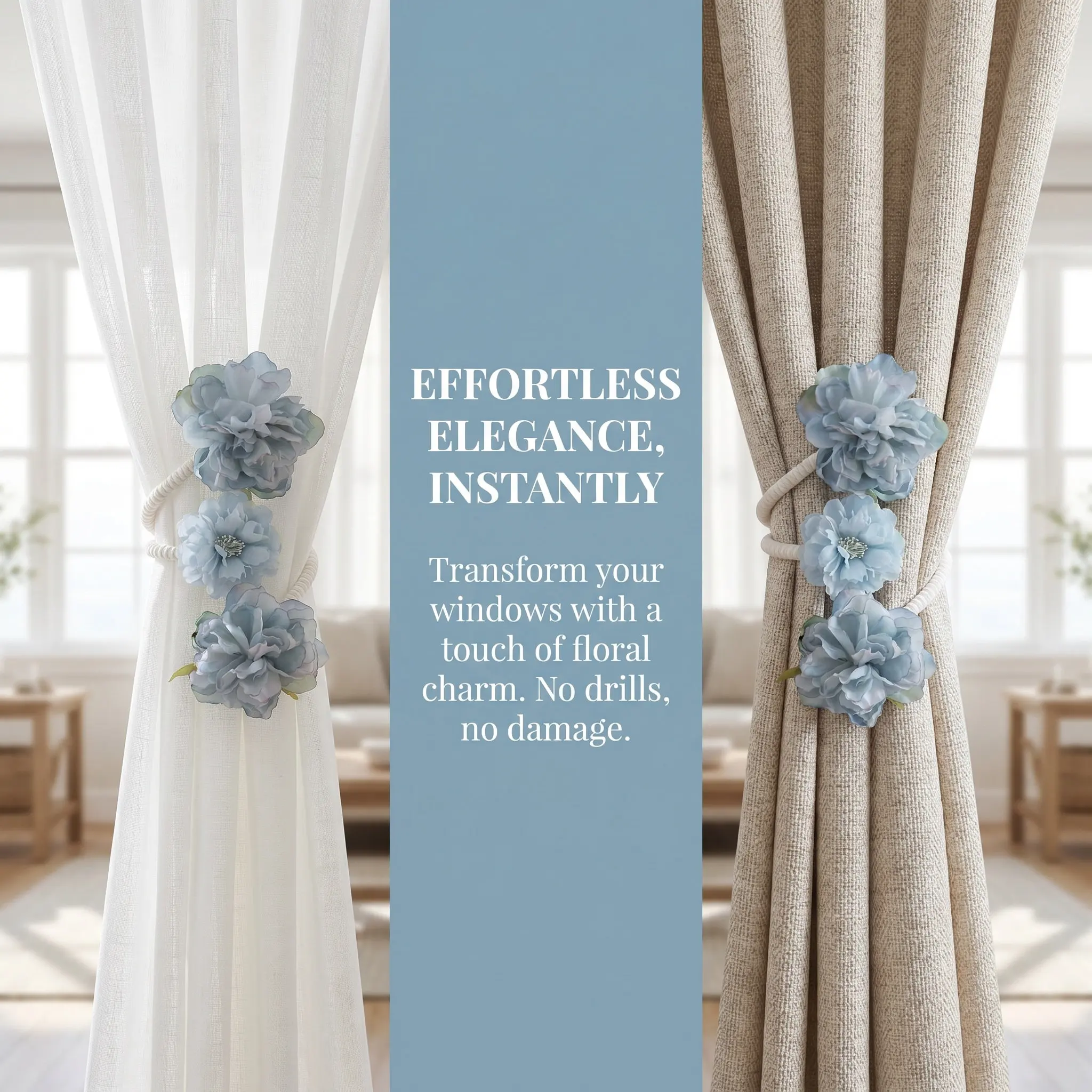 2Pcs Flower Curtain Tie Backs Boho No Drill Decorative Drapery Rope Holders Floral Window Tiebacks for Living Room Bedroom