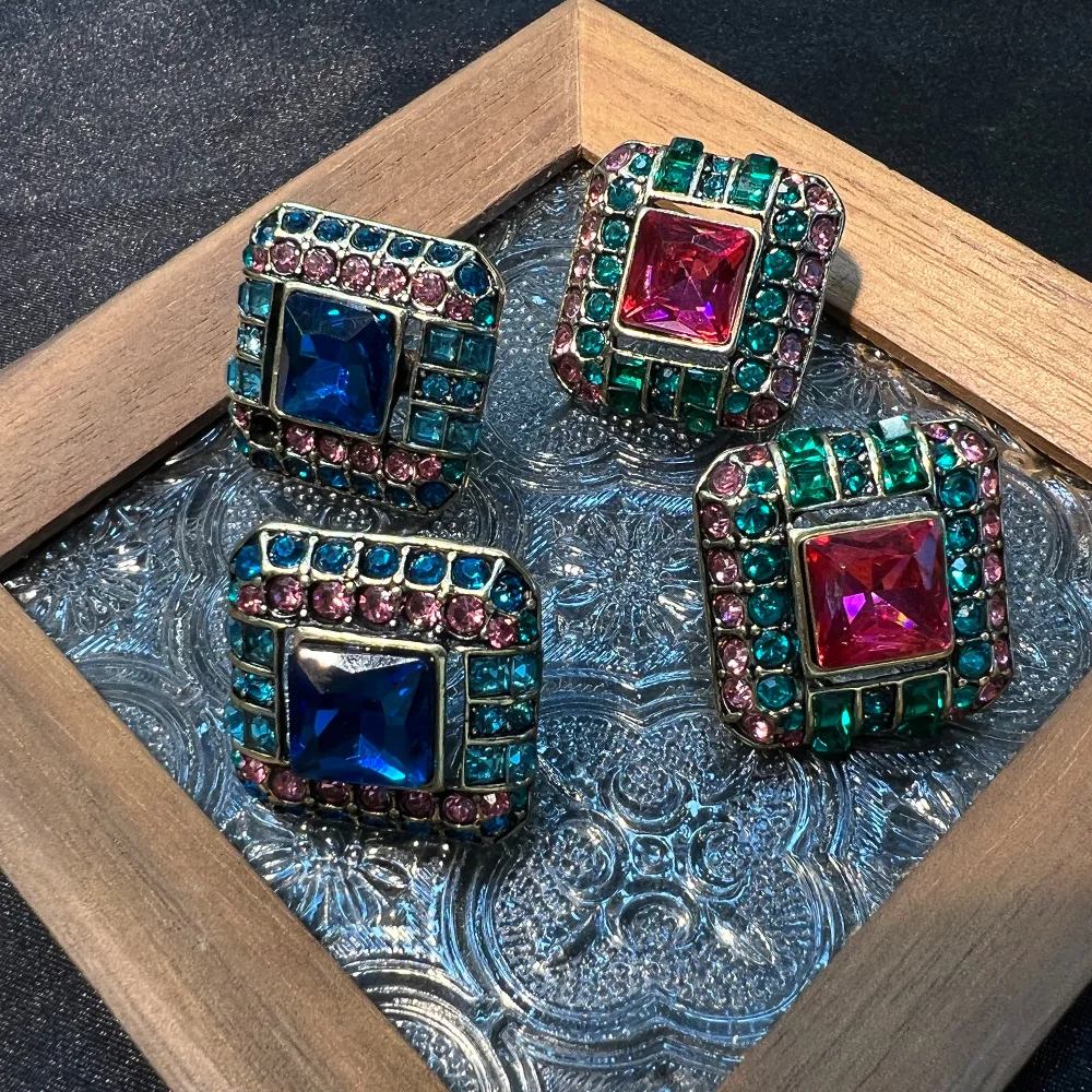 Original haute couture square pre-made marking earrings vintage vintage zircon inlaid copper gold-plated versatile temperament e