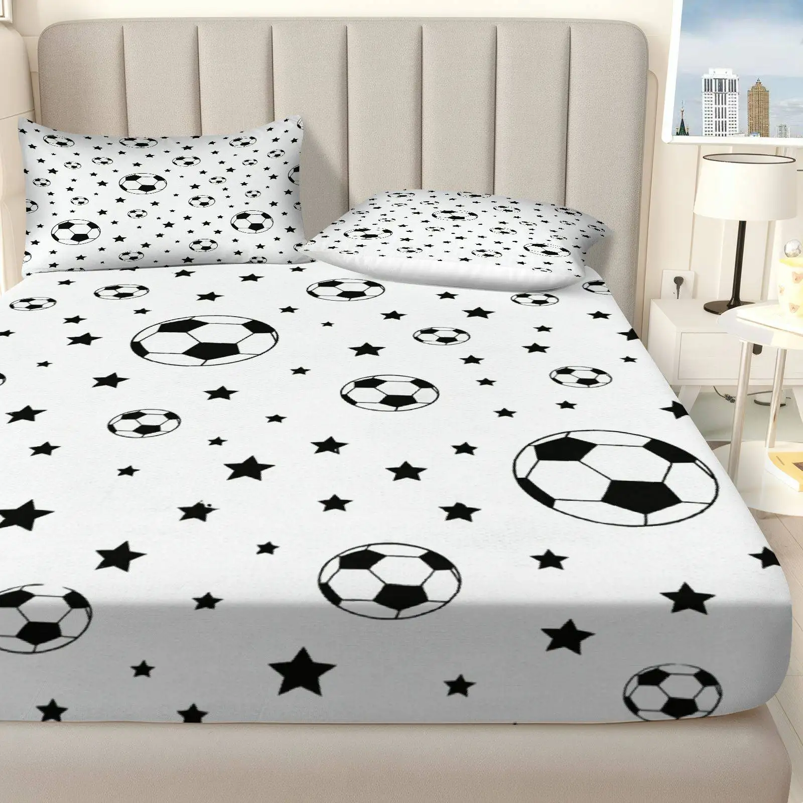 Three-piece fitted sheet set, digital print fitted sheet set (includes 1 fitted sheet + 2 pillowcases), football star black and white fitted sheet set, large-capacity deep pocket 2D printed fitted sheet and 2 pillowcases, bedding mattress protector, fitted elastic style, protective cover, mattress protector, suitable for all seasons, machine washable design, holiday decoration, various sizes, breathable protective cover with pillowcase