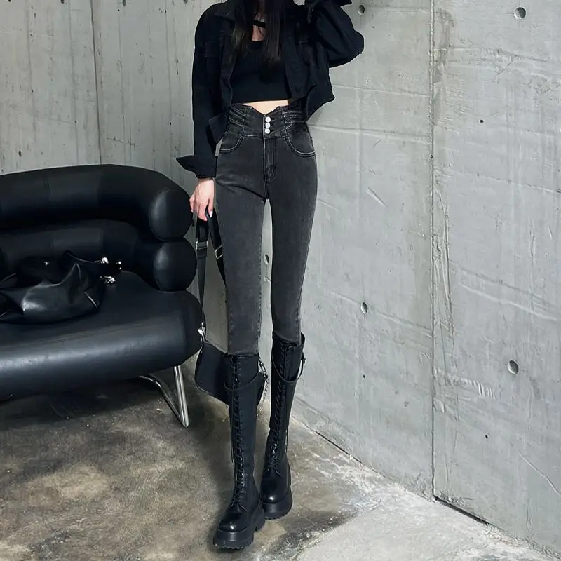 High Waist Vintage Denim Jeans Women's Spring Autumn Elastic Butt Lifting Slimming Pencil Pants Cotton Stretch Fabric