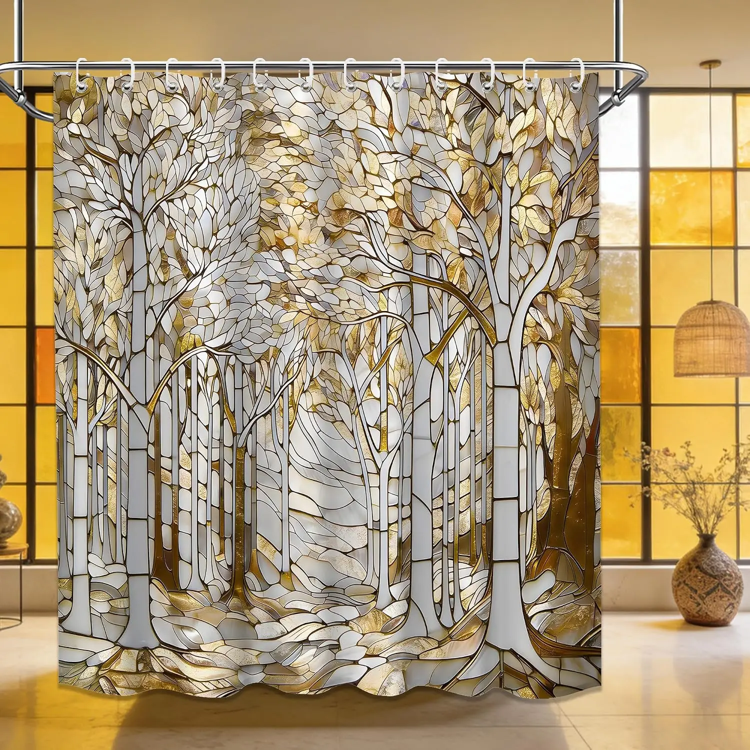 Luxury Gold Leaf Nature Abstract Forest Shower Curtain Premium Bathroom Decor Panel Wallpaper Style Curtain
