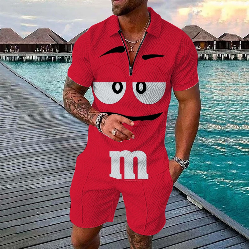 

Funny M&M Chocolate Bean Print Men's Sets Fashion Zip Short Sleeve Polo Tops + Shorts 2 Piece Outfit Summer Hip Hop Street Suit