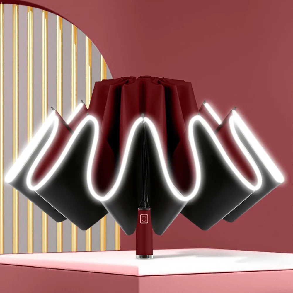 

Reflective Stripe Automatic Umbrella Vinyl UPF50+ Folding Umbrella 10 Bone Wind Resistance Three Fold Umbrella for Outdoor