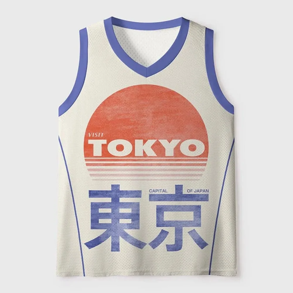 Japanese-style Ukiyo-e Paintings 3D Printing Men's V-Neck Vests - Casual Outdoor Sports Cloth with Breatha and Quick-Drying Top
