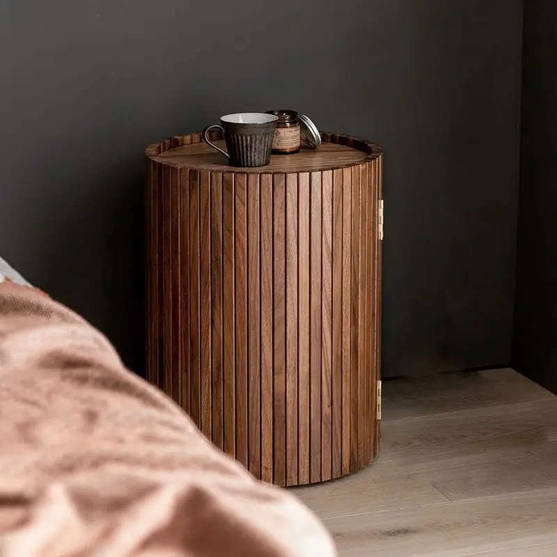 

Solid wood sofa small side few black walnut round simple retro creative multi-functional bedside cabinet
