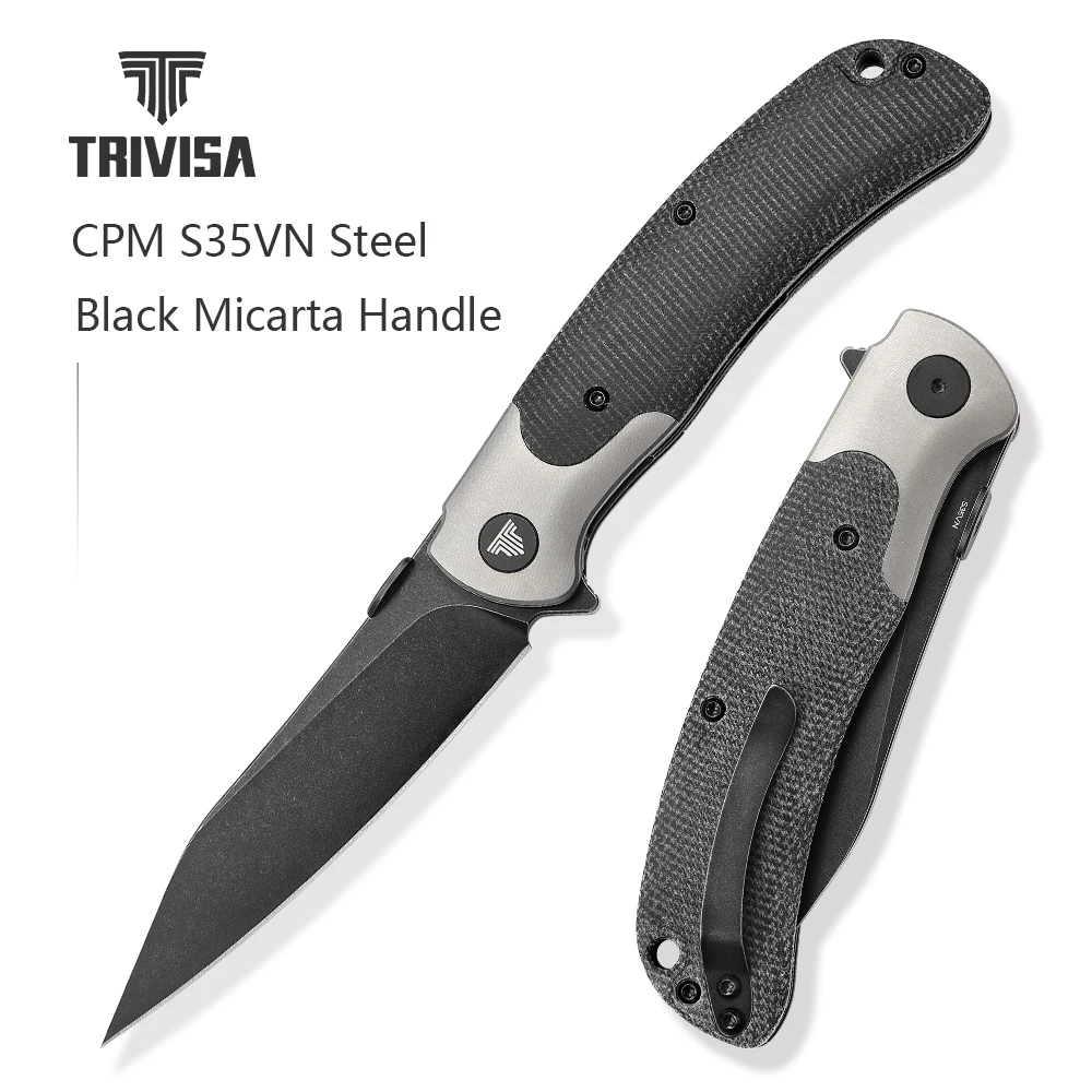 TRIVISA Wharncliffe Pocket Knife for Men,  Folding EDC Knife with Clip, CPM S35VN Steel Flipper Blade, Micarta Handle