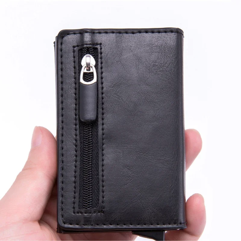 DIENQI-Carteira De Metal Em Couro Anti Rfid para Homens e Mulheres, Mini Titular Do Cartão De Crédito De Carbono Com Zíper, Bolsa De Moedas, Case