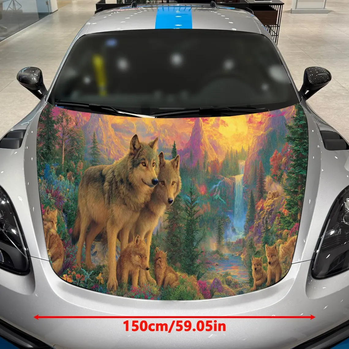Wolf Mountain Falls Visual Wonder Journey PVC Car Hood Wraps, Self-Adhesive Waterproof Car Bonnet Decal Sticker, Car Decoration