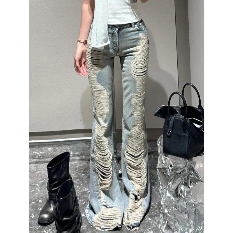 

Женские джинсы-клеш Goblin Core Abi в стиле гранж Cyber Punk, летние Y2k, японские рваные джинсовые брюки в стиле Харадзюку с низкой посадкой, рваные джинсовые брюки 2000-х годов, расклешенный низ