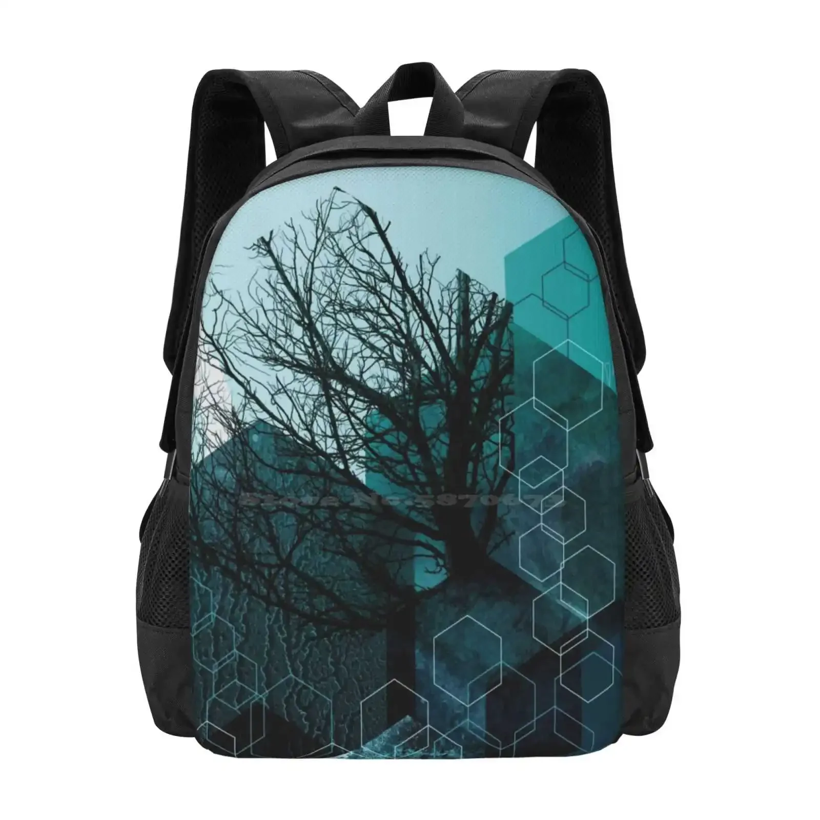 

Teal Tree Geometric Hot Sale Schoolbag Backpack Fashion Bags Turquoise Green Blue Blue Green Abstract Hexagons Dark Green Teal