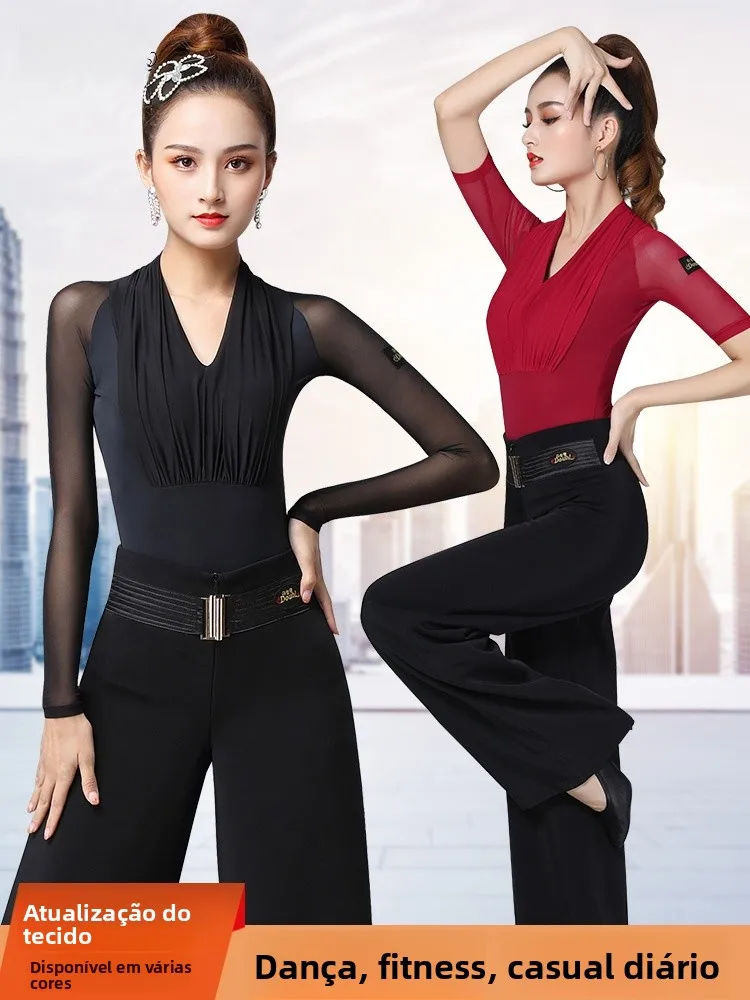 black-mesh-dance-costume-neck-hanging-square-dance-wardrobe-brand-waltz-dance-top-for-women-long-sleeve-color