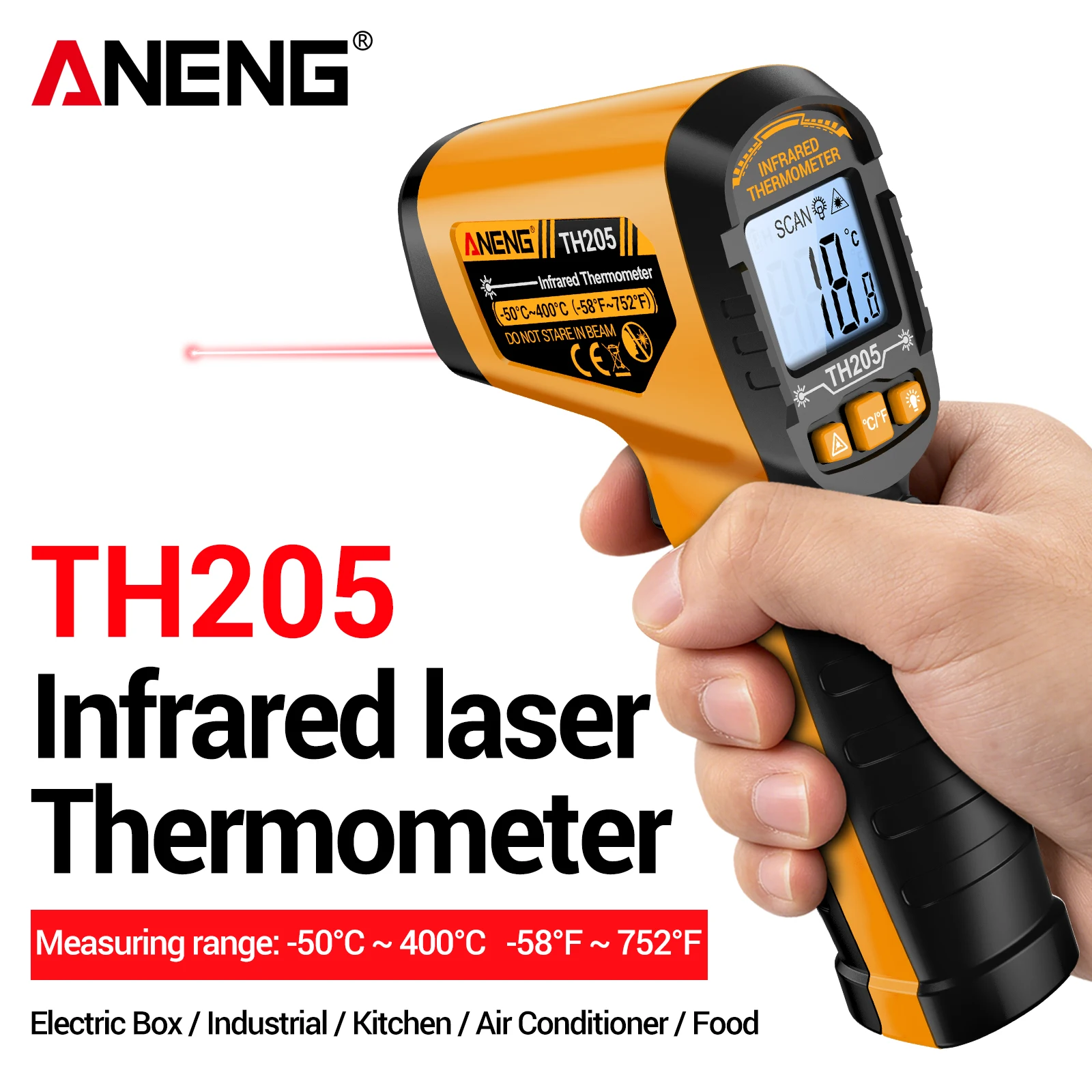 ANENG TH205 IR Temp Gun -50‑400℃ 12:1 D:S Laser Aiming Backlight Screen Data‑Hold ℃/℉ Switch Rechargeable BBQ Industrial Tool
